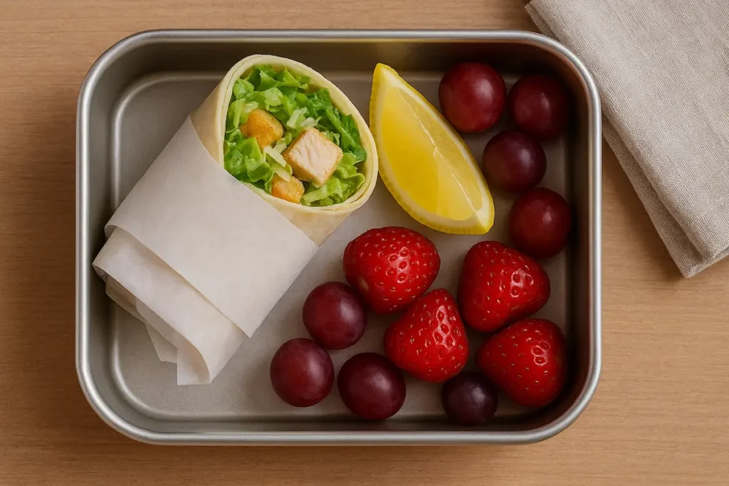 Meal-Prepped Chicken Caesar Wrap in Lunchbox Chicken Caesar wrap packed in a lunchbox with fruit and lemon.