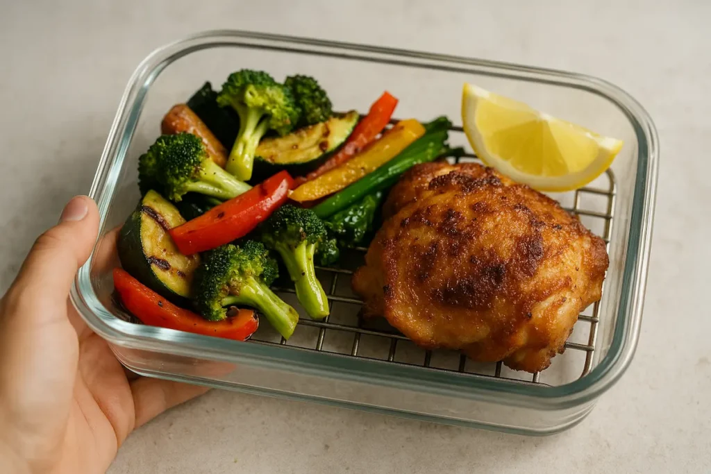 Meal-Prepped Chicken Thighs with Veggies Meal-prep container with baked chicken thigh and veggies