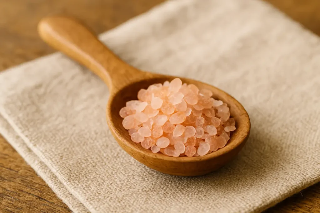 Measuring_Himalayan_Pink_Salt_for_Morning_Recipe Wooden spoon filled with pink Himalayan salt, used in the pink salt recipe for weight loss.