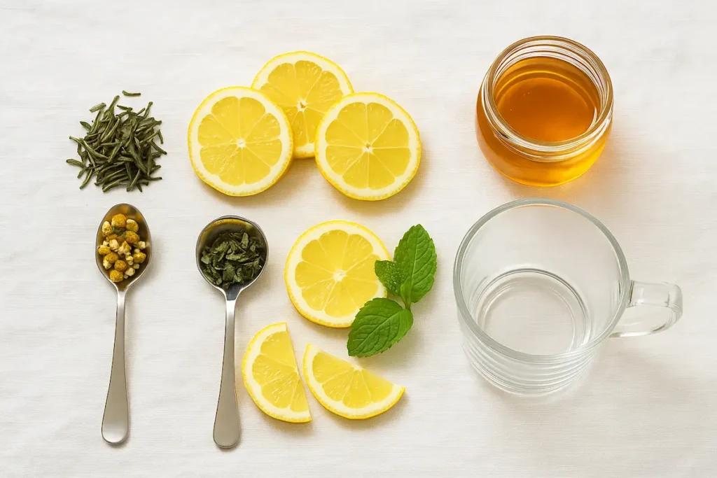 Mounjaro_Tea_Herbal_Ingredients_Display Flat lay of Mounjaro Tea ingredients on a bright kitchen counter.