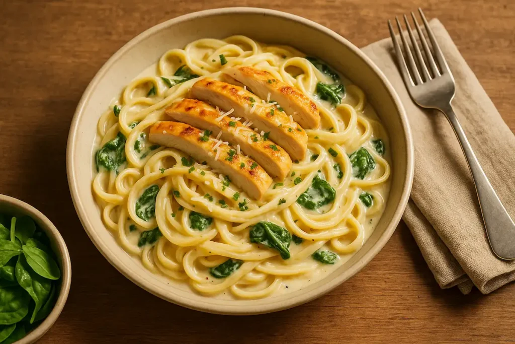 Overhead View of Creamy Garlic Chicken Pasta Overhead shot of creamy garlic chicken pasta with spinach, topped with chicken and light cheese on a rustic wooden table.