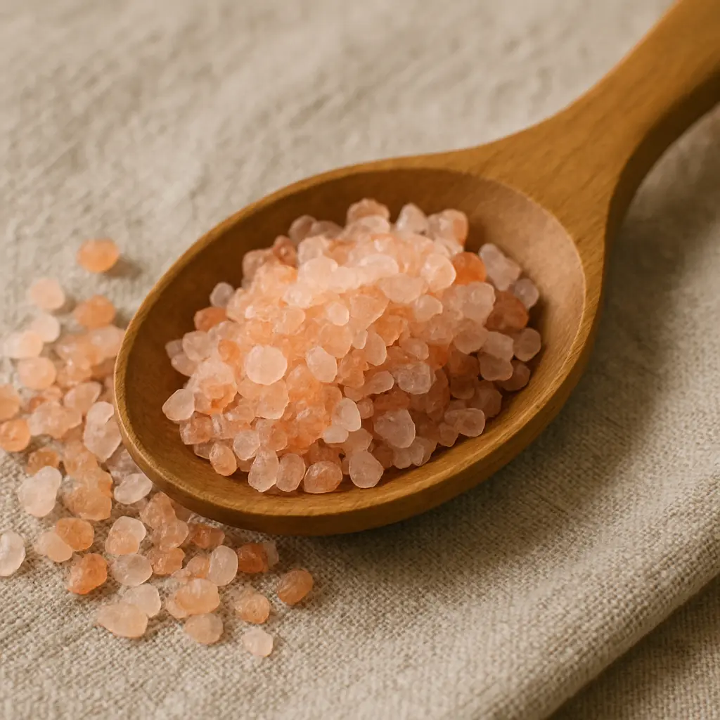 Pink_Salt_or Salt_Trick Pink Himalayan salt in a wooden spoon on natural fabric, showing salt trick ingredient.