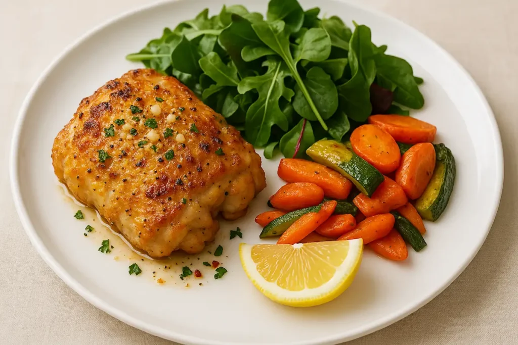 Plated Garlic Parmesan Chicken with Salad Crispy garlic parmesan chicken thigh served with salad and lemon