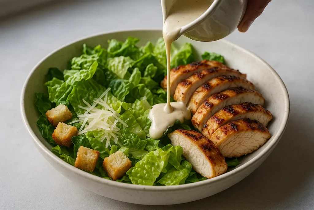 Pouring Homemade Dressing on Chicken Caesar Salad Pouring Caesar dressing over grilled chicken salad in a casual home setting.