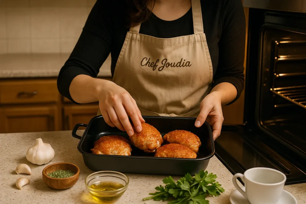 Chef Joudia preparing air-chilled chicken thighs in her home kitchen Chef Joudia preparing air-chilled chicken thighs in her home kitchen
