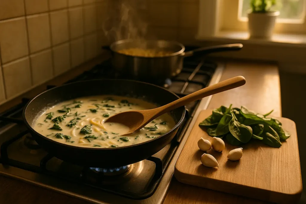 Preparing Creamy Garlic Chicken Pasta at Home A woman stirring creamy garlic sauce in a skillet in a cozy kitchen, preparing chicken pasta with fresh spinach.