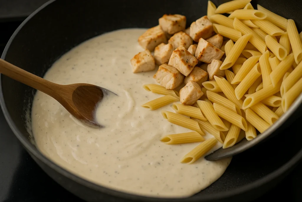 Preparing the Garlic Chicken Sauce Garlic chicken sauce simmering in a pan with a wooden spoon