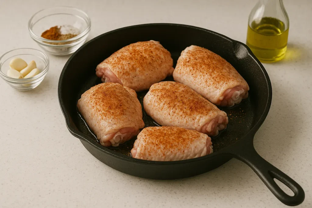 Prepped Chicken Thighs in Cast Iron Seasoned chicken thighs in cast iron skillet ready for oven roasting