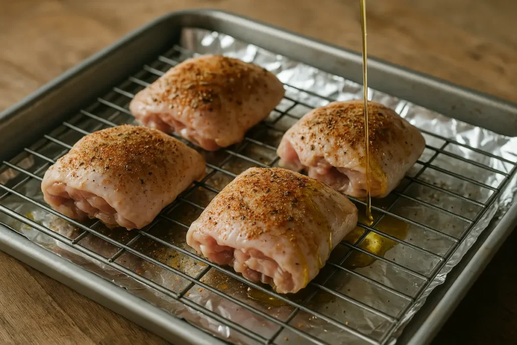 Prepping No-Breading Chicken Thighs on a Rack Seasoned chicken thighs on wire rack ready for baking