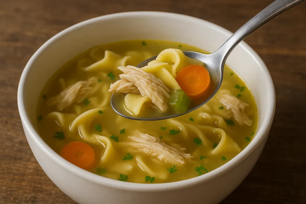 Scoop of Classic Chicken Noodle Soup Spoon lifting chicken noodle soup from bowl, showing chicken, noodles, and vegetables.