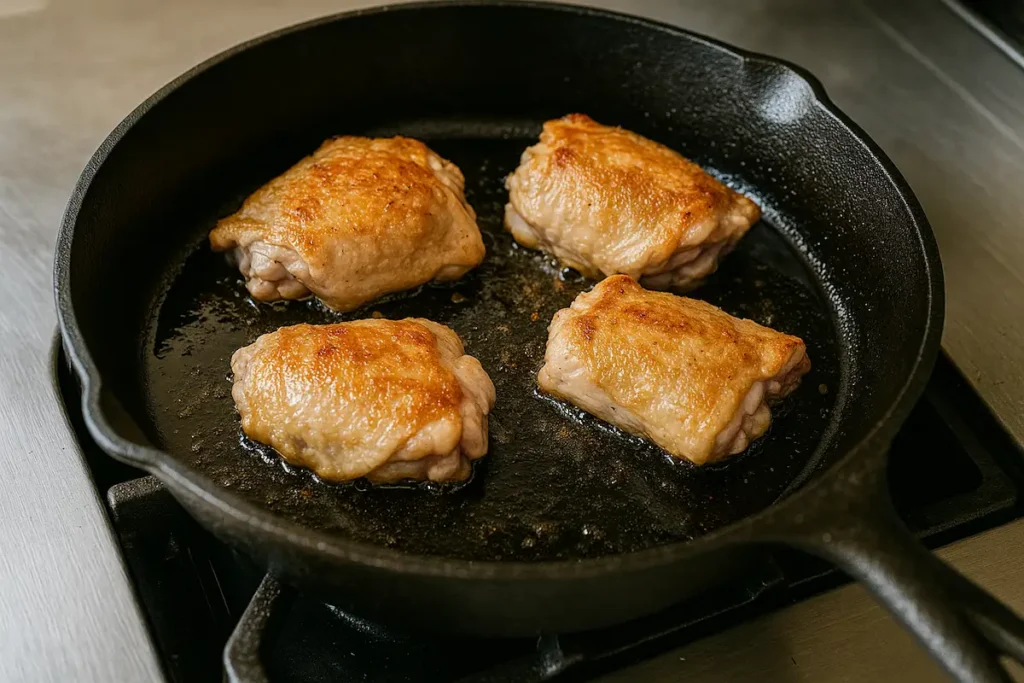 Searing Chicken Thighs Skin-Side Down Chicken thighs searing in cast iron skillet with golden crispy skin