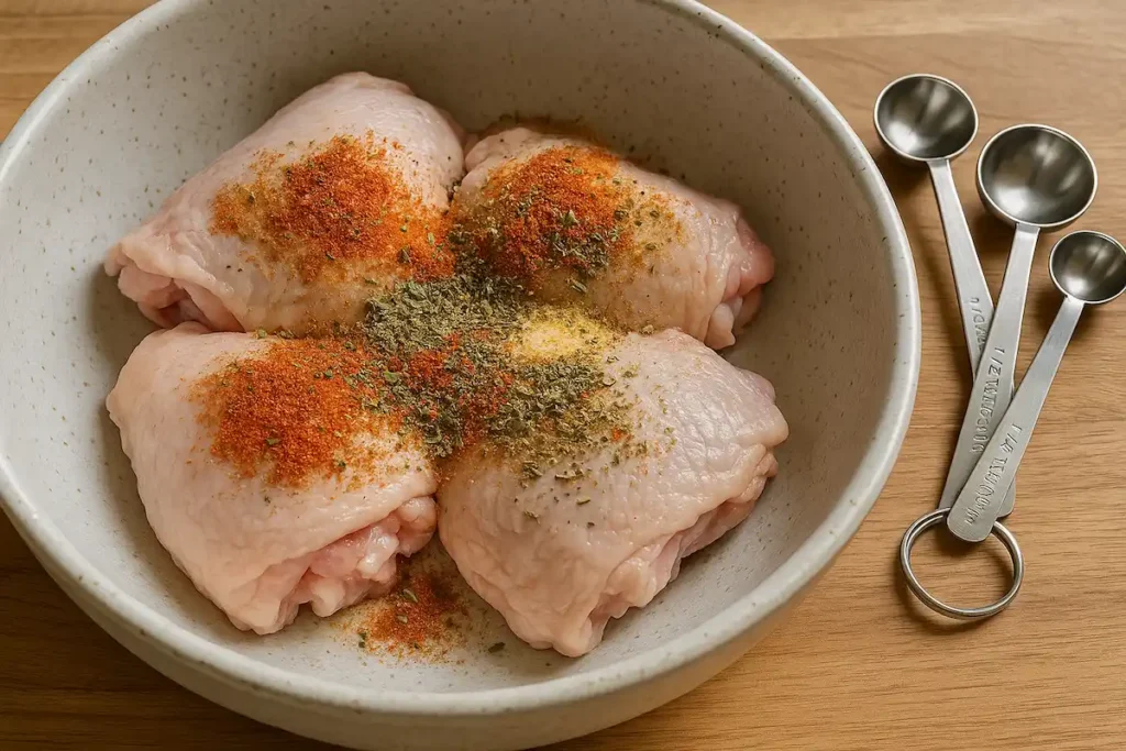 Seasoning Chicken Thighs with Paprika and Herbs Chicken thighs being seasoned with paprika and dried herbs in a bowl