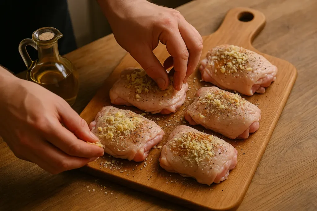 Seasoning Garlic Parmesan Chicken Thighs Preparing garlic parmesan chicken thighs with spices and olive oil