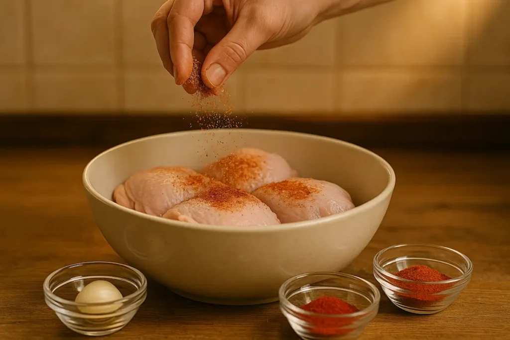 Seasoning for Flavorful Crispy Chicken A hand seasoning chicken thighs with cayenne mix beside garlic, paprika, and kitchen prep tools.