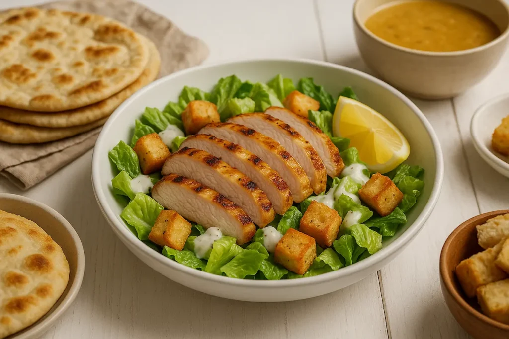 Served Caesar Salad with Healthy Sides Grilled chicken Caesar salad served with flatbread and soup.