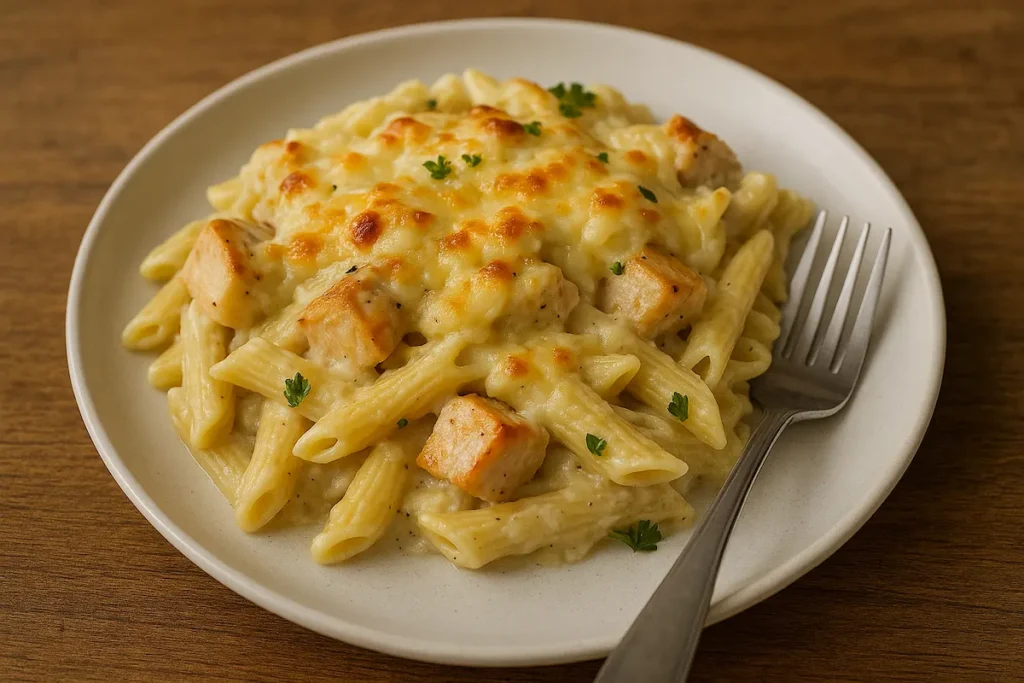 Served Creamy Garlic Chicken Pasta Bake Plate of creamy garlic chicken pasta bake with melted cheese and herbs
