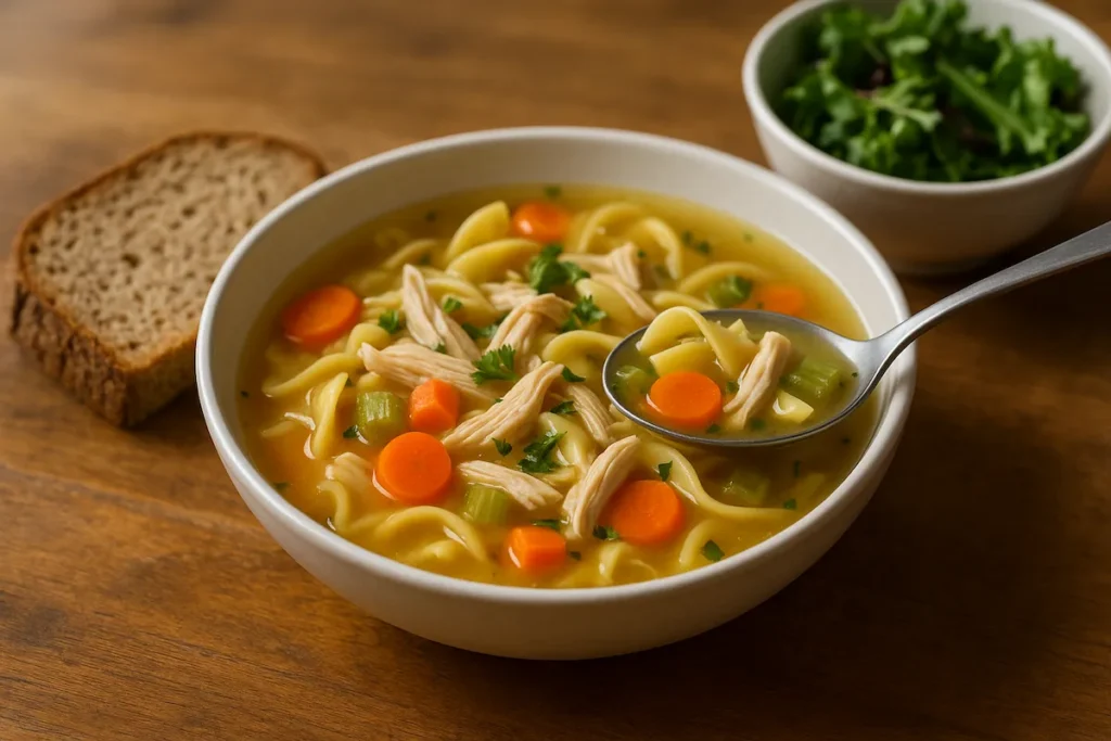 Serving Low Sodium Chicken Noodle Soup Bowl of low sodium chicken noodle soup with whole grain bread and a green salad.