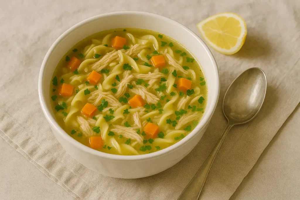 Serving of Comforting Chicken Noodle Soup A warm bowl of leftover chicken noodle soup served with herbs and lemon — ready to enjoy.