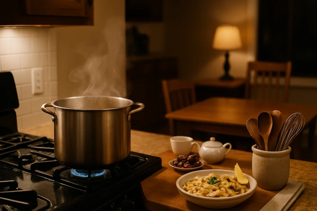 Simmering Garlic Pasta in a Cozy Moroccan Kitchen A warm Moroccan kitchen with a simmering pot, evoking a cozy family meal scene.