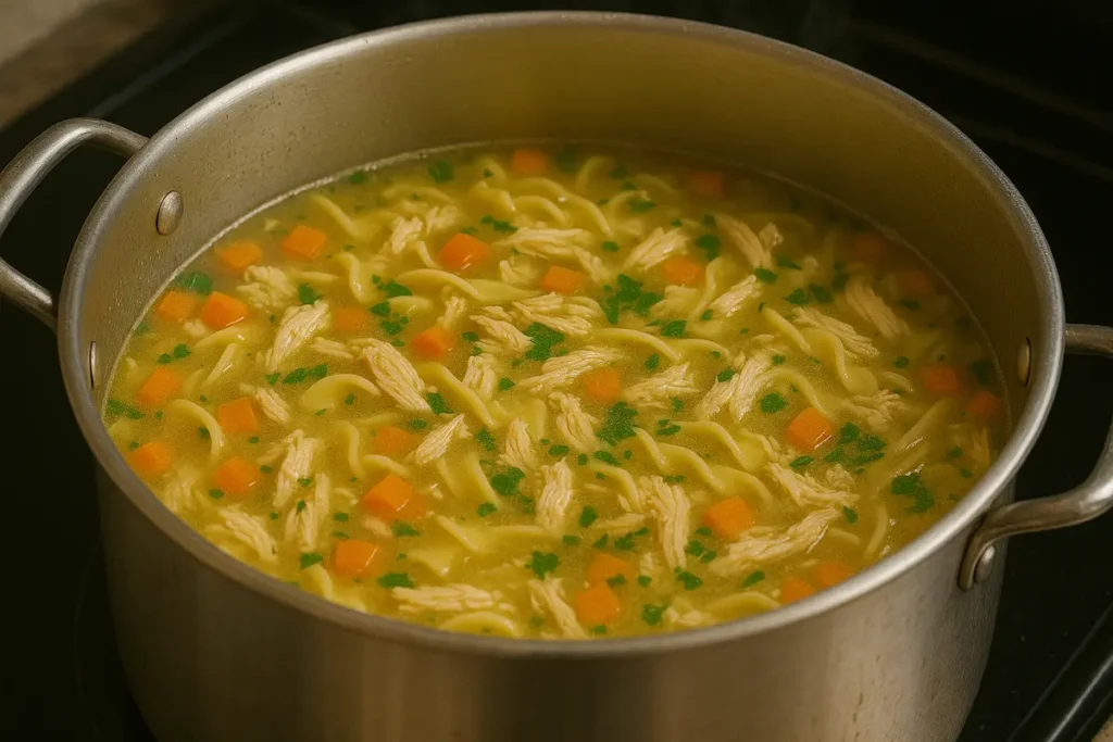Simmering Homemade Chicken Noodle Soup Leftover chicken noodle soup simmering with visible herbs, noodles, and steam rising from the pot.