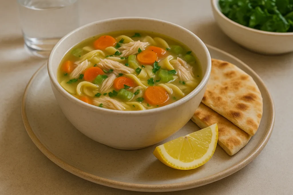 Soup with Warm Bread & Salad Classic chicken noodle soup served with pita bread and lemon wedge.