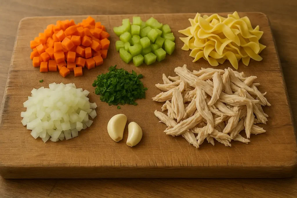 Soup_Ingredients_Ready_for_Cooking Fresh vegetables, shredded chicken, and noodles ready for homemade leftover chicken noodle soup.