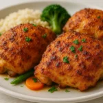 Spicy crispy baked chicken thighs on a rustic plate with herbs and vegetables in soft natural lighting.
