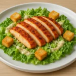 Spicy Grilled Chicken Caesar Salad in a white bowl with grilled chicken, romaine lettuce, croutons, parmesan, and creamy dressing