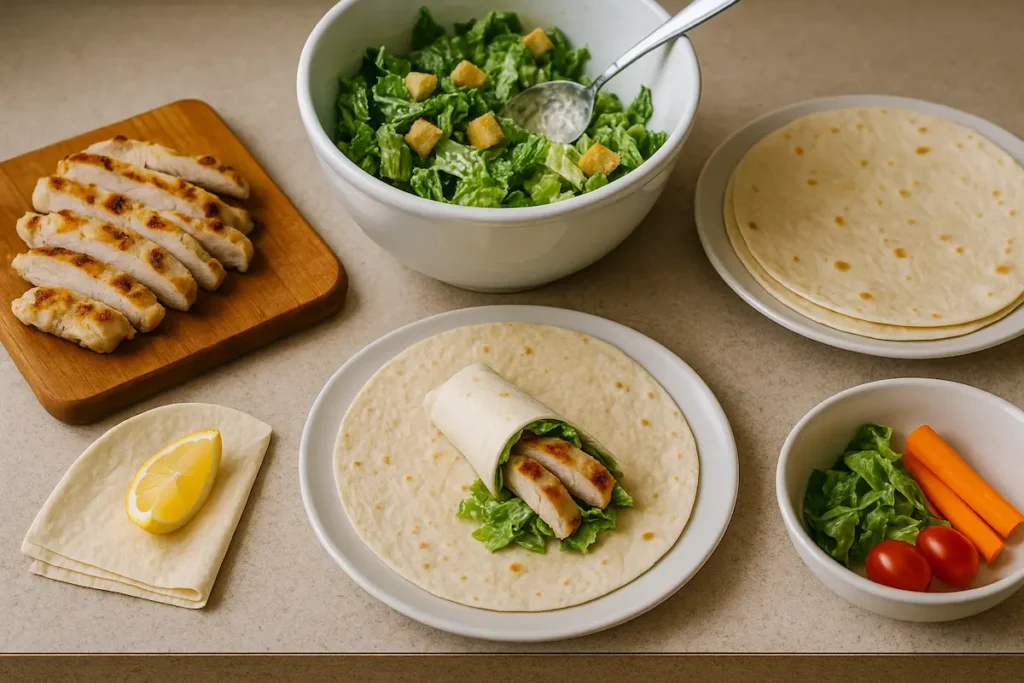 Step-by-Step Chicken Caesar Wrap Assembly Chicken Caesar wrap being assembled with grilled chicken, romaine, and tortilla.