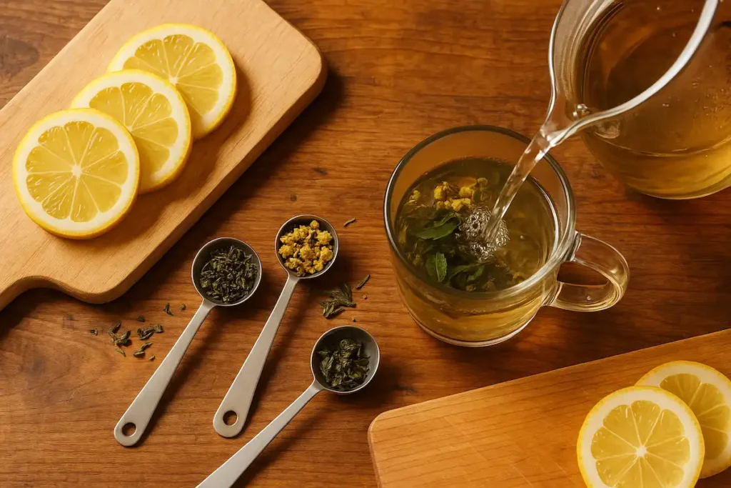 Step_by_Step_Mounjaro_Tea_Preparation Preparing Mounjaro Tea with herbs and lemon on a rustic kitchen table.