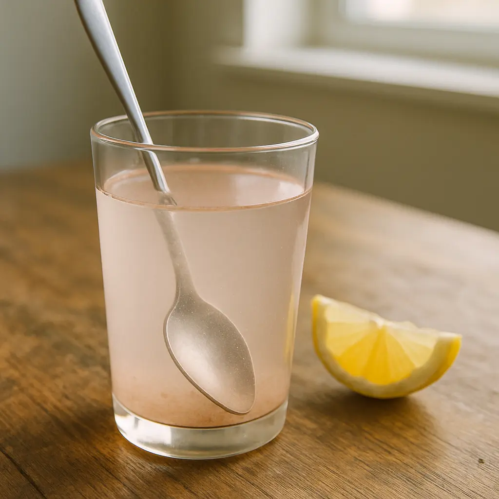 Stirring_Pink_Salt_into_Warm_Water Glass of pink salt water being stirred with a spoon, part of the morning weight loss recipe.