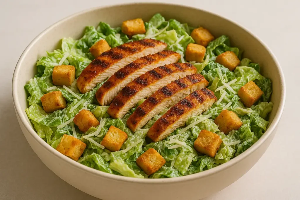 Tossed Spicy Grilled Chicken Caesar Salad Tossed Spicy Grilled Chicken Caesar Salad in a large bowl with visible grilled chicken strips and creamy dressing