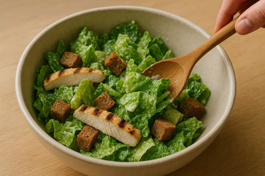 Tossing Healthy Caesar Salad with Grilled Chicken Hand tossing a healthy grilled chicken Caesar salad with yogurt dressing.
