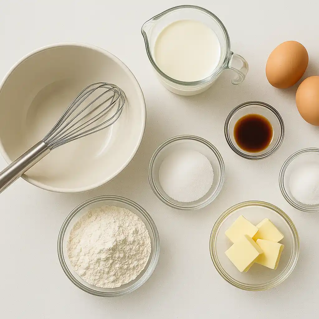Ingredients laid out on a countertop for making the Martha Stewart Pancake Recipe from scratch.