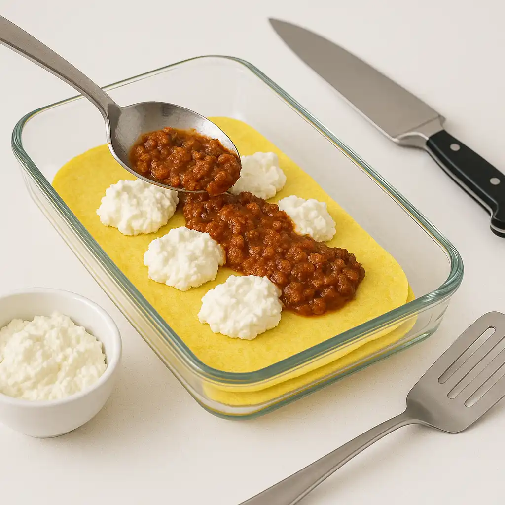 assembling_keto_lasagna_egg_wraps_steps Layering egg wraps and sauce in modern keto lasagna prep