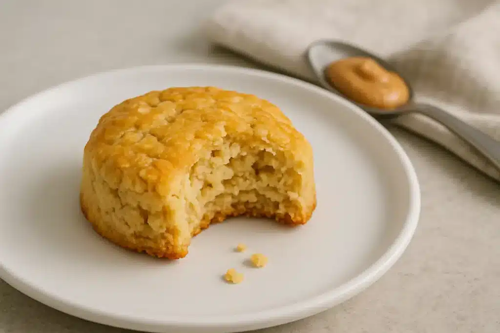 Close-up of a bitten high protein biscuit revealing its soft oat-filled texture.