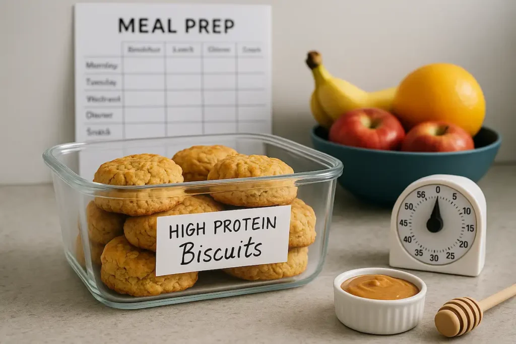 Meal prep scene with high protein biscuits in storage beside fresh fruit and a handwritten label.