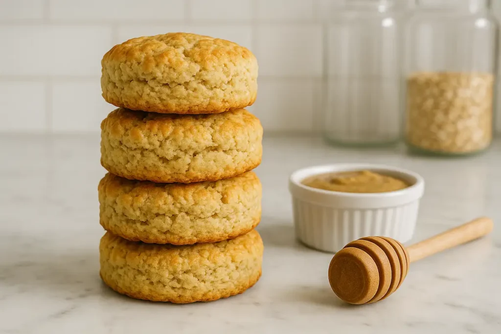 Side view of stacked high protein biscuits on a marble surface showing their fluffy texture.