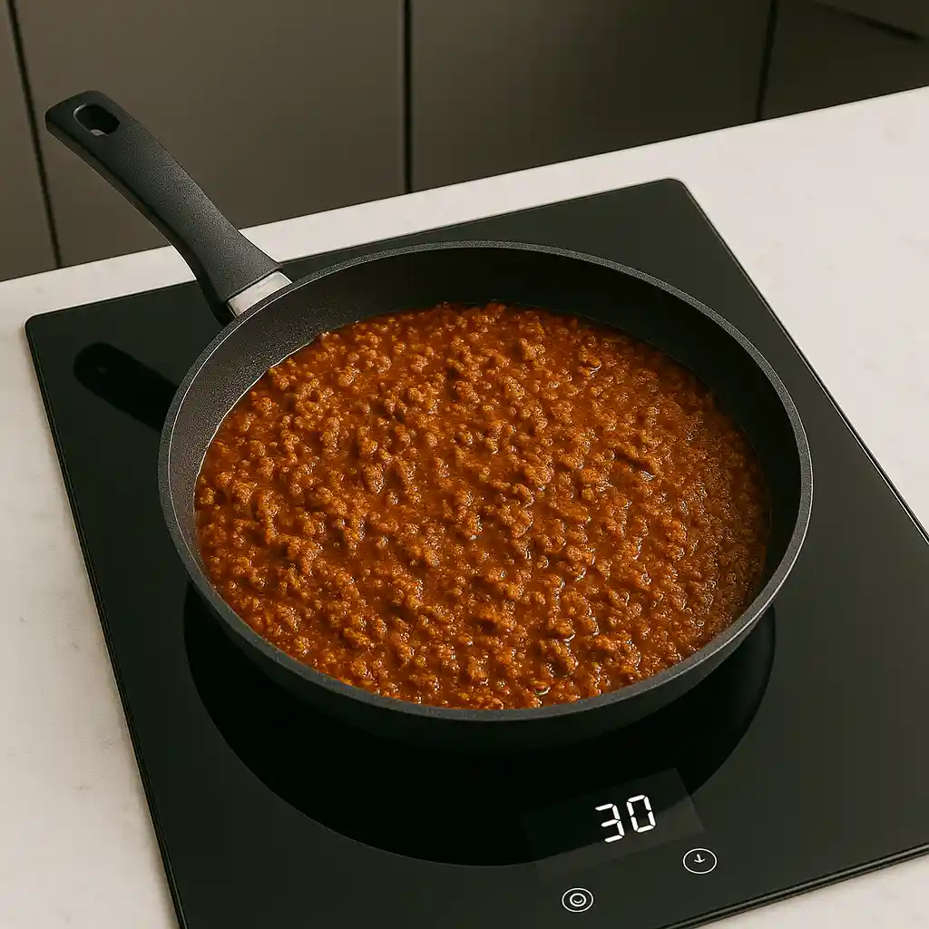 keto hot dog chili recipe simmering on modern cooktop