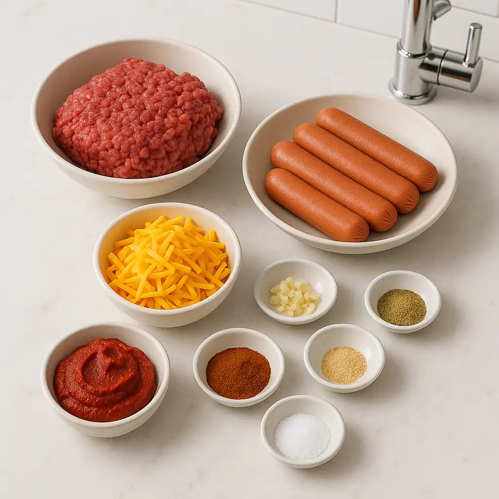 keto hot dog chili recipe ingredients on marble counter