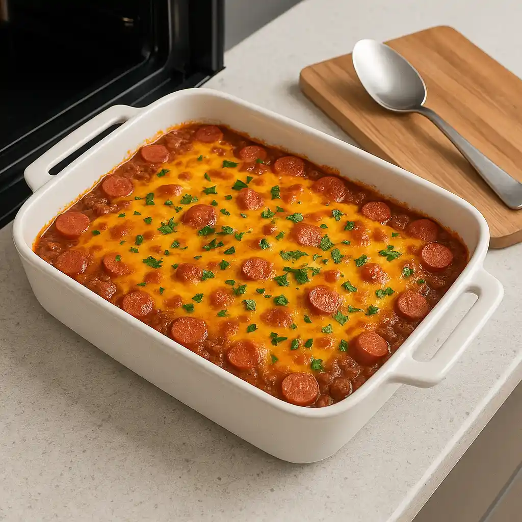 keto hot dog chili recipe served casserole-style