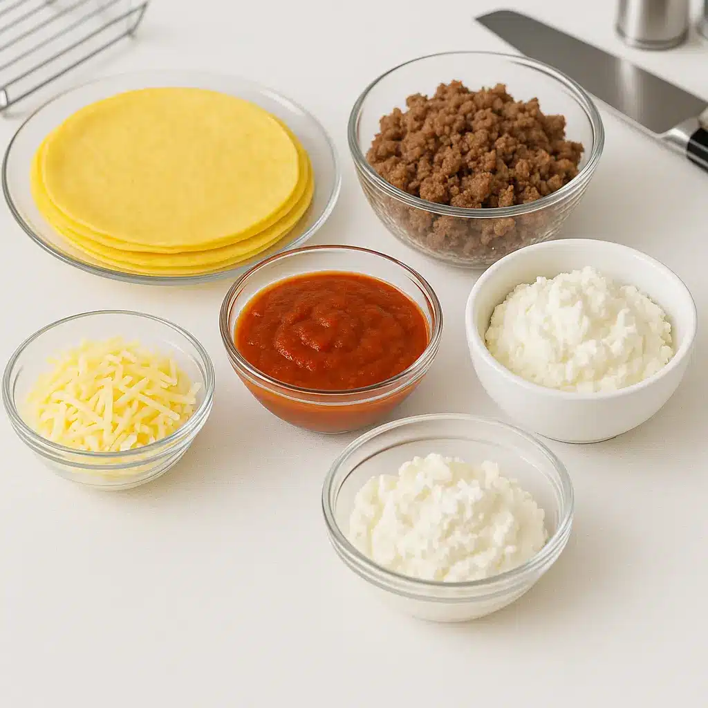 keto_lasagna_egg_wraps_ingredients Ingredients for keto lasagna with egg wraps on white surface