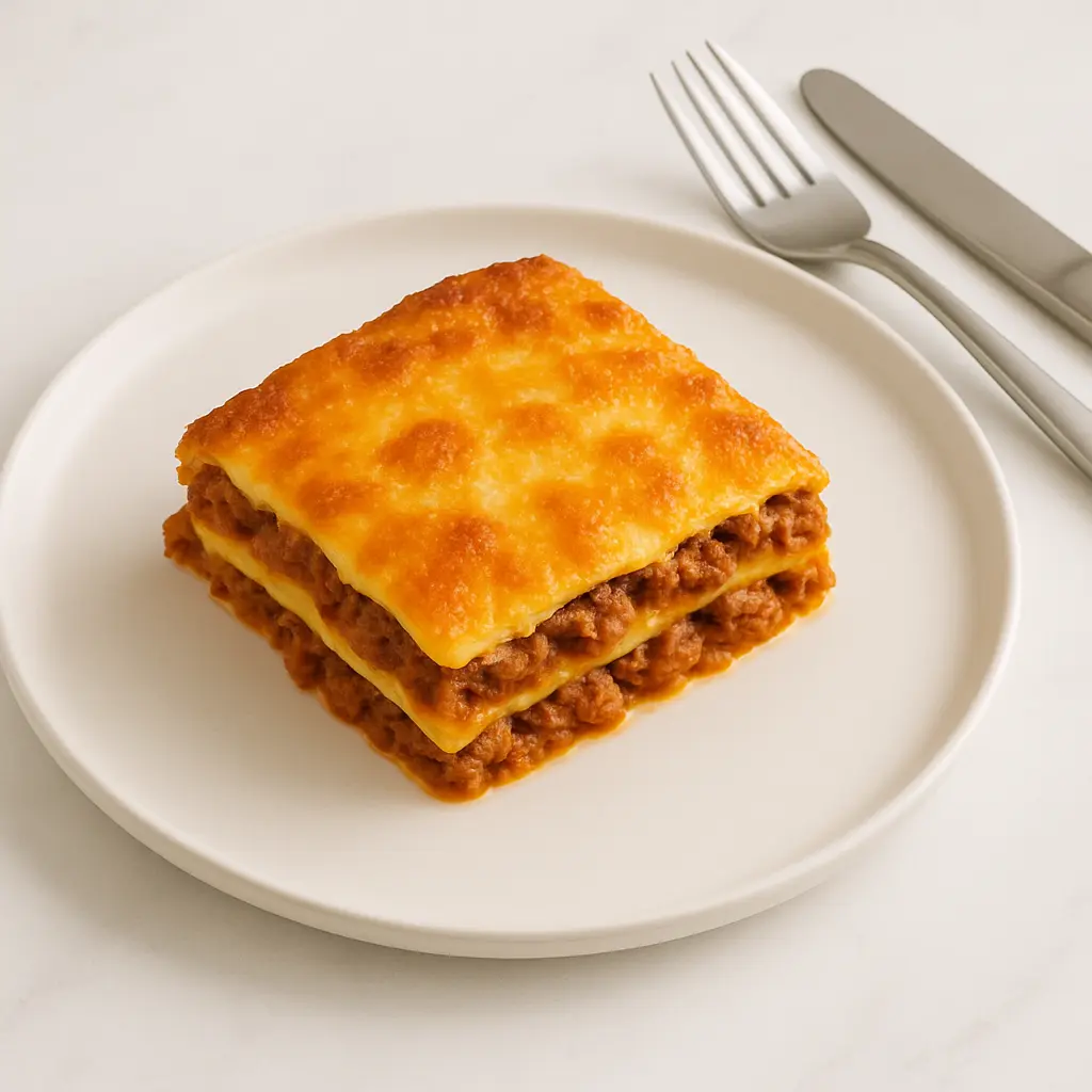 keto_lasagna_egg_wraps_serving_slice Sliced keto lasagna served on modern white plate