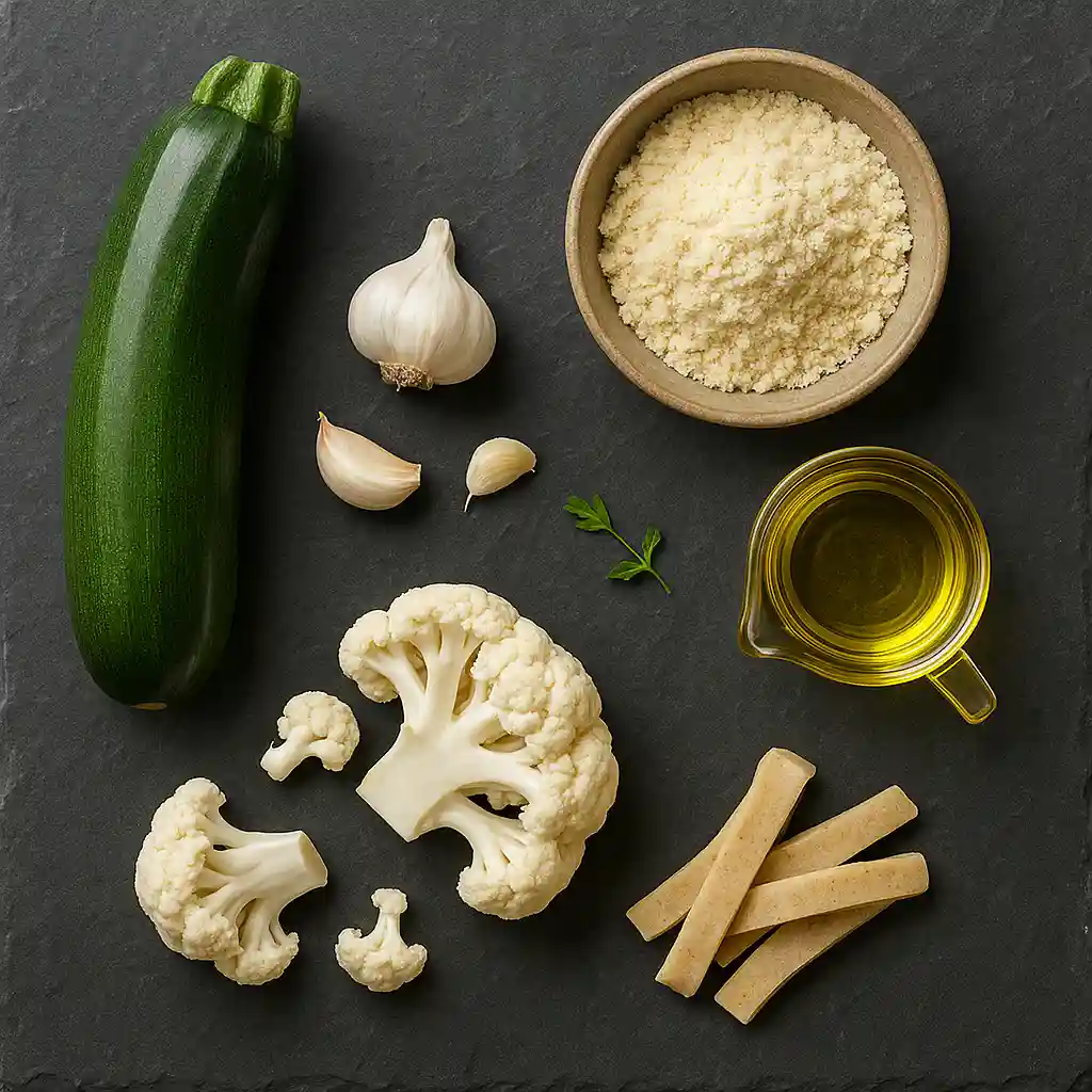 Ingredients for making healthy low carb pasta shown in a modern flat-lay