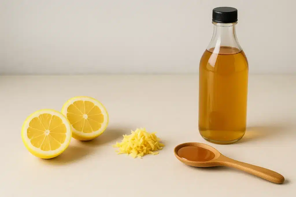 Fresh ingredients for natural detox drink: lemon, ginger, vinegar, and honey