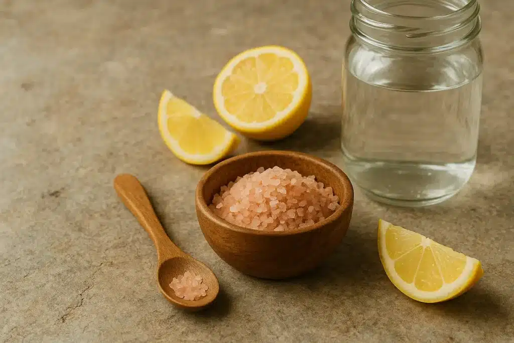 Flat lay of pink Himalayan salt, lemon, water jar, and wooden spoon for Himalayan Solé water.