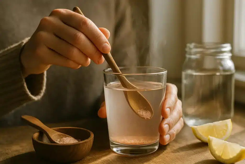 Chef stirring pink salt into warm water using wooden spoon for morning wellness drink.