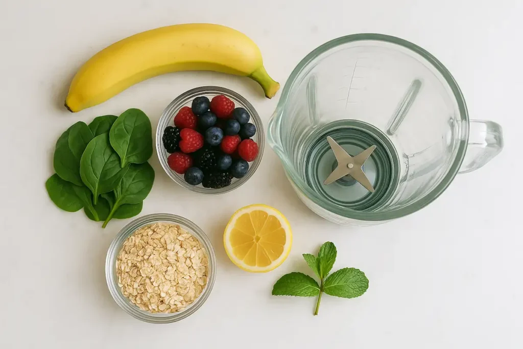 smoothie_plan_prep_flatlay_step Fresh ingredients prepared for 7-day smoothie weight loss diet plan,