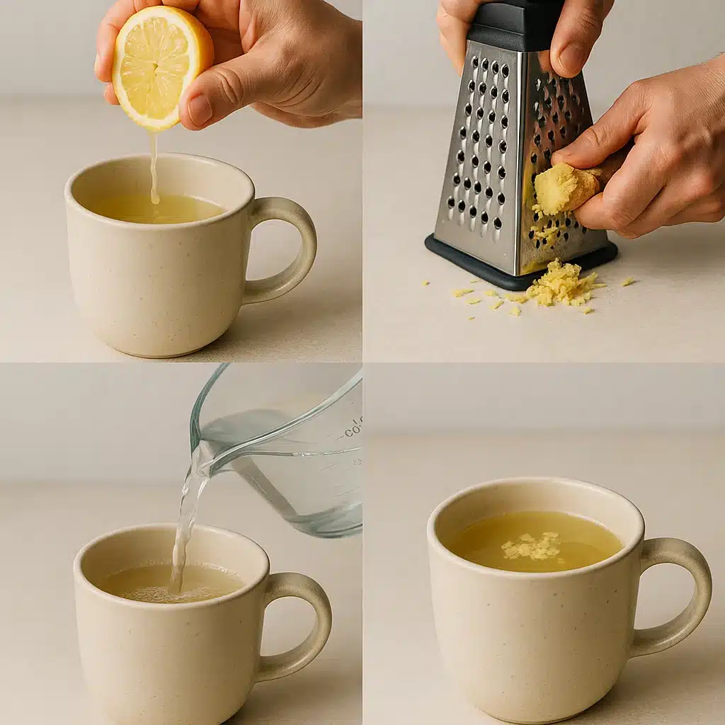 Step-by-step prep for natural detox drink with lemon and ginger