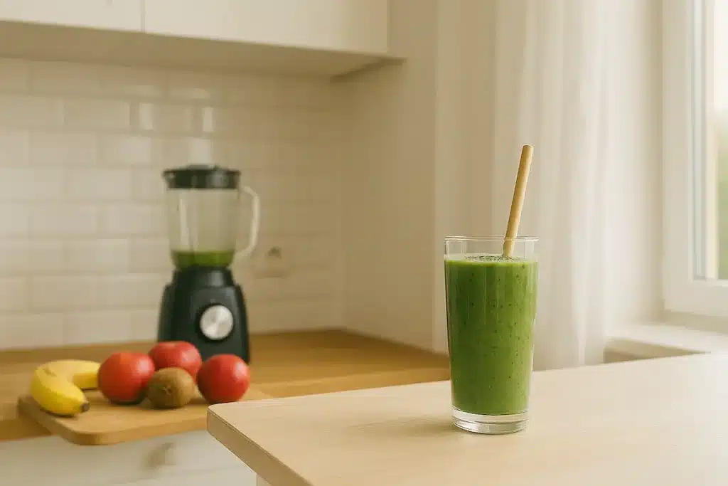 woman_holding_smoothie_morning_routine_step Happy woman enjoying her daily smoothie from the 7-day smoothie weight loss diet plan,